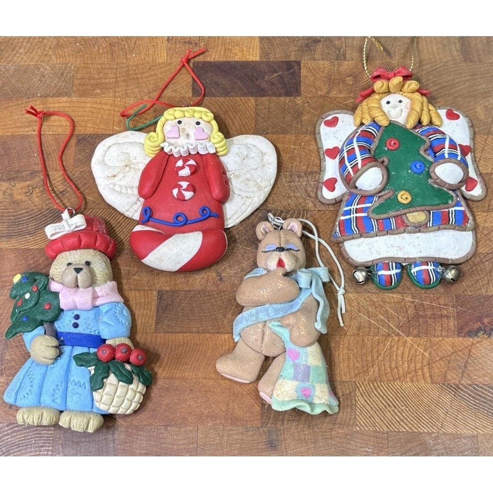 Vintage Clay Christmas Ornaments Lot of 4 Teddy Bears Angels Retro Holiday